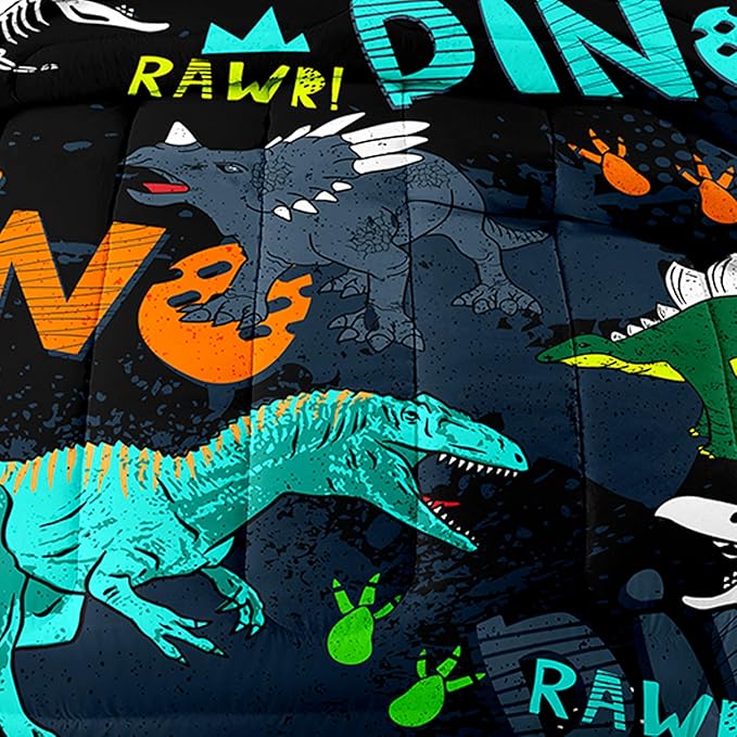 Suncloris Kids Dinosaur Comforter, Cartoon Dino Bedding Bedspread for Boys Teens, All Seasons Soft Jungle Animals Quilt Bedroom Decor with 2 Pillow Cases (01, Twin)