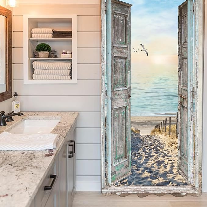 Yookeb Stall Beach Coastal Seaside Bathroom Shower Curtain 36W by 71H Inch Half Ocean Rv Hawaiian Sea Sunset Narrow Barn Door Scenery Rustic Landscape Polyester 7 Plastic Hooks Waterproof Decor