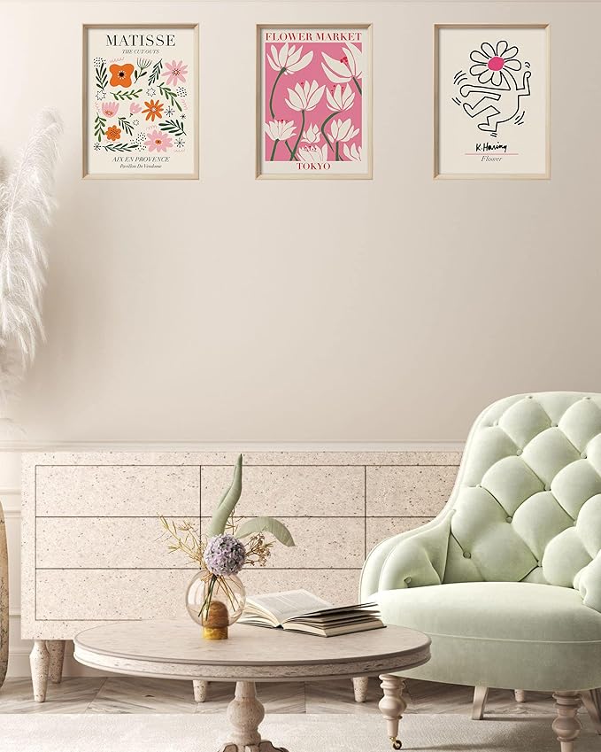 UPWOIGH Framed Wall Art，Abstract Henri Matisse Canvas Wall Art，12X16in Pink Beige Flower Market Wood Decor Prints Artworks，Minimalist Flower Market Wall Art Living Room Bedroom,Set of 3，Green,Pink