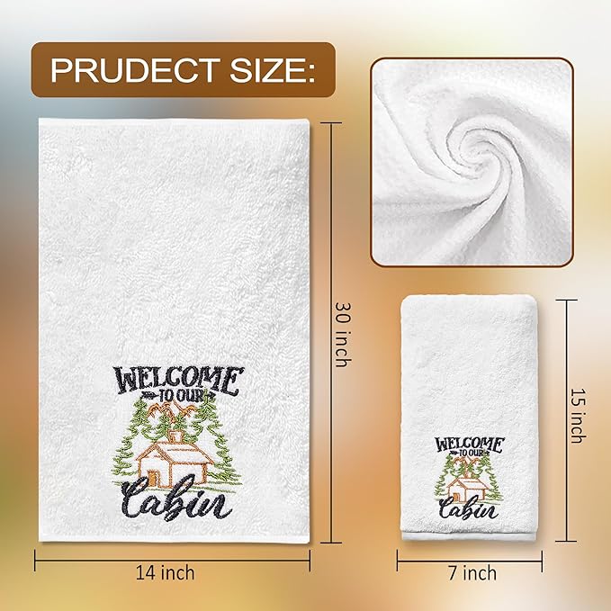 Cabin Hand Towels for Bathroom, Cabin Decor Embroidered Dish Towels, Log Cabin Decor Gifts Decorative New Home Bear Deer Tea Hand Towels, 100% Cotton Soft Towels for Kitchen 14x30 Inches
