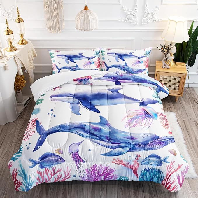 Whale Jellyfish Shark Bedding Dolphin Coral Comforter 3Pcs Twin Underwater Fish Starfish Quilt Set for Kids Teens Girls Boys Clownfish Seaweed Bed Decor Set with 1 Comforter and 2 Pillowcases