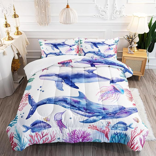 Whale Jellyfish Shark Bedding Dolphin Coral Comforter 3Pcs Twin Underwater Fish Starfish Quilt Set for Kids Teens Girls Boys Clownfish Seaweed Bed Decor Set with 1 Comforter and 2 Pillowcases