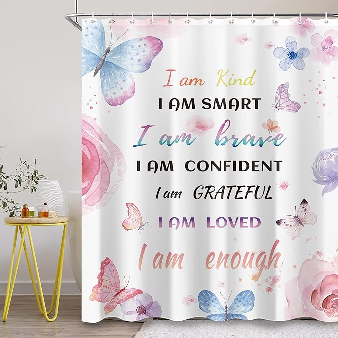 Watercolor Butterfly Inspirational Quote Shower Curtain Sets for Bathroom 60Wx72H Colorful Flower Floral Butterfly Shower Curtain Girls Bathtub Curtain Motivational Positive Bathroom Decor