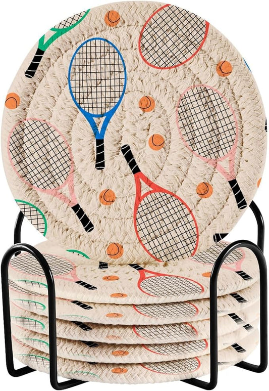 Tennis Rackets Balls Coasters for Drinks Set of 6 Woven Drink Coaster Set Absorbent for Housewarming Gift Coffee Table Home Decor