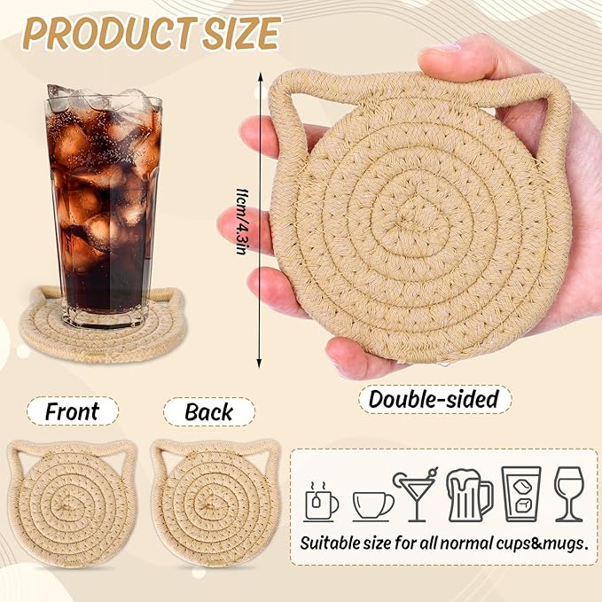 Whaline Cat Ear Coasters Set Brown White Handmade Braided Cotton Coasters Non-Slip Absorbent Drink Coasters with Holder for Table Protection Housewarming Gift Home Decor, 4Pcs