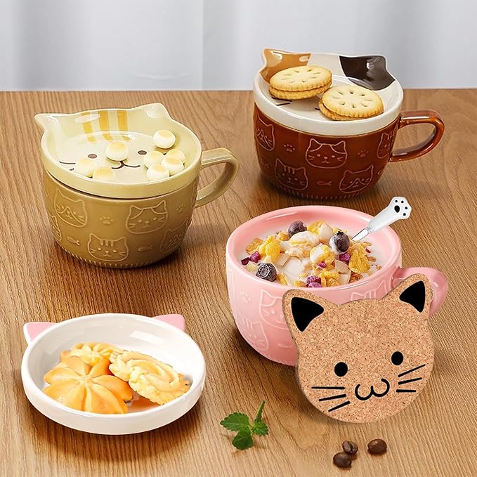 BigNoseDeer 2PCS Kawaii Cat Mug - Pink and Brown Ceramic Coffee Tea Cup with Lid, Saucer - Cool Preppy Gift for Cat Lovers, Christmas 10oz