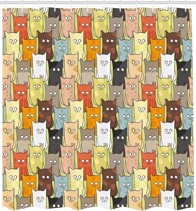 Ambesonne Cats Shower Curtain, Funny Colorful Graphic Kittens Cartoon Style Boys Girls Playroom, Cloth Fabric Bathroom Decor Set with Hooks, 69" W x 70" L, Pastel Pink Grey