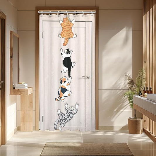 SVBright Small Stall RV Cats Shower Curtain 36Wx72L Inch Kids Funny Cute Cartoon Kitten Animal Climbing Door Kawaii Hilarious Pet 7 Pack Hooks Polyester Waterproof Fabric Bathroom Bathtub Panels