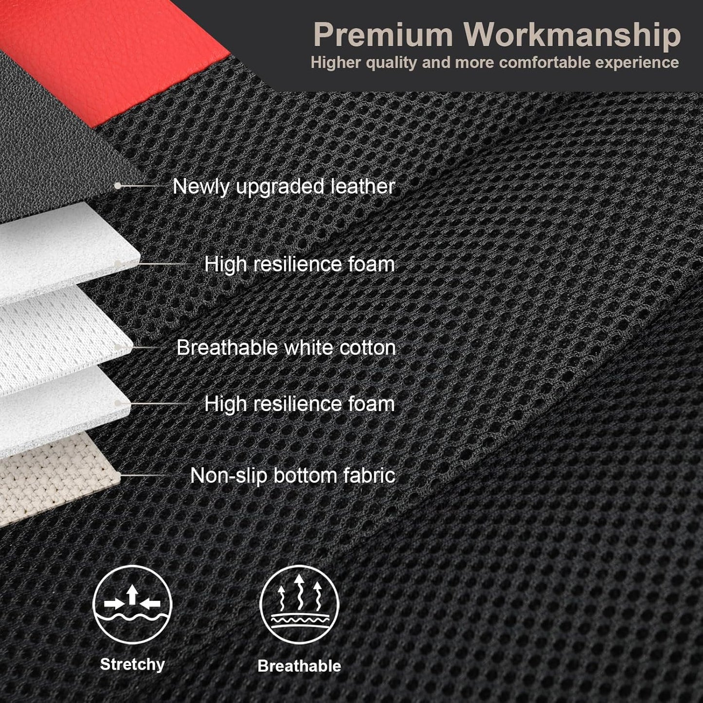 GIANT PANDA 2 Front Leather Car Seat Cover for Hyundai,3D Air Cool Mesh Thick Seat Covers Custom Fit Hyundai Sonata Elantra Santa Fe Tucson Accent Kona Palisade Genesis Venue Ioniq (Red+Black)