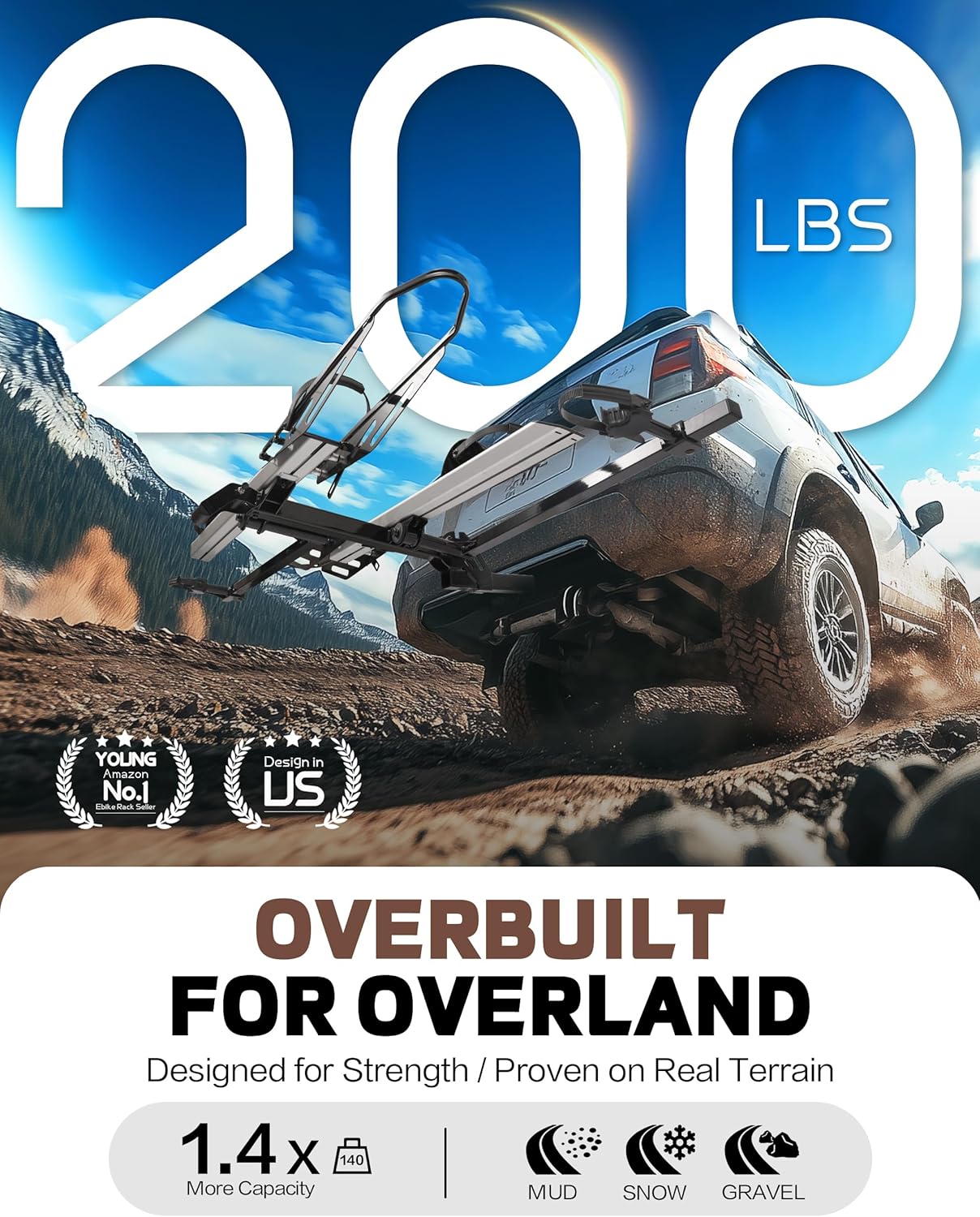 200 LBS. Hitch Mount Ebike Rack for Fat Tire Electric Bikes, Mountain Bicycles, fits Cars, SUVs, RVs, Trucks, Trailers with 2 Inch Receiver