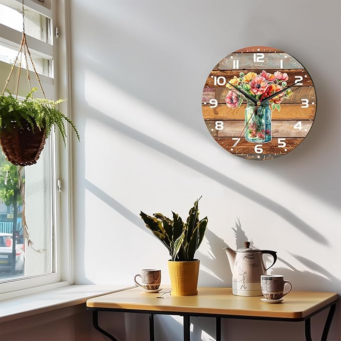 Wall Clock, 10 Inch Silent Non-Ticking Home Kitchen Decor, Battery Operated for Bathroom Bedroom Living Room Office(Flower Vase Wood)