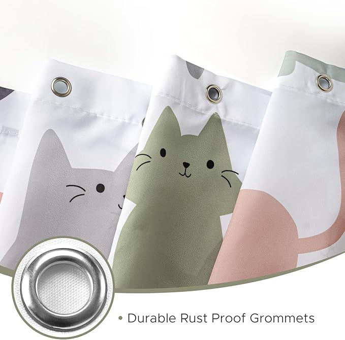 Sunlit Design Lovely Sage Green Cartoon Cats Fabric Shower Curtain, Cute Cats Bathroom Decoration Curtains for Baby Kids Children, 72x72