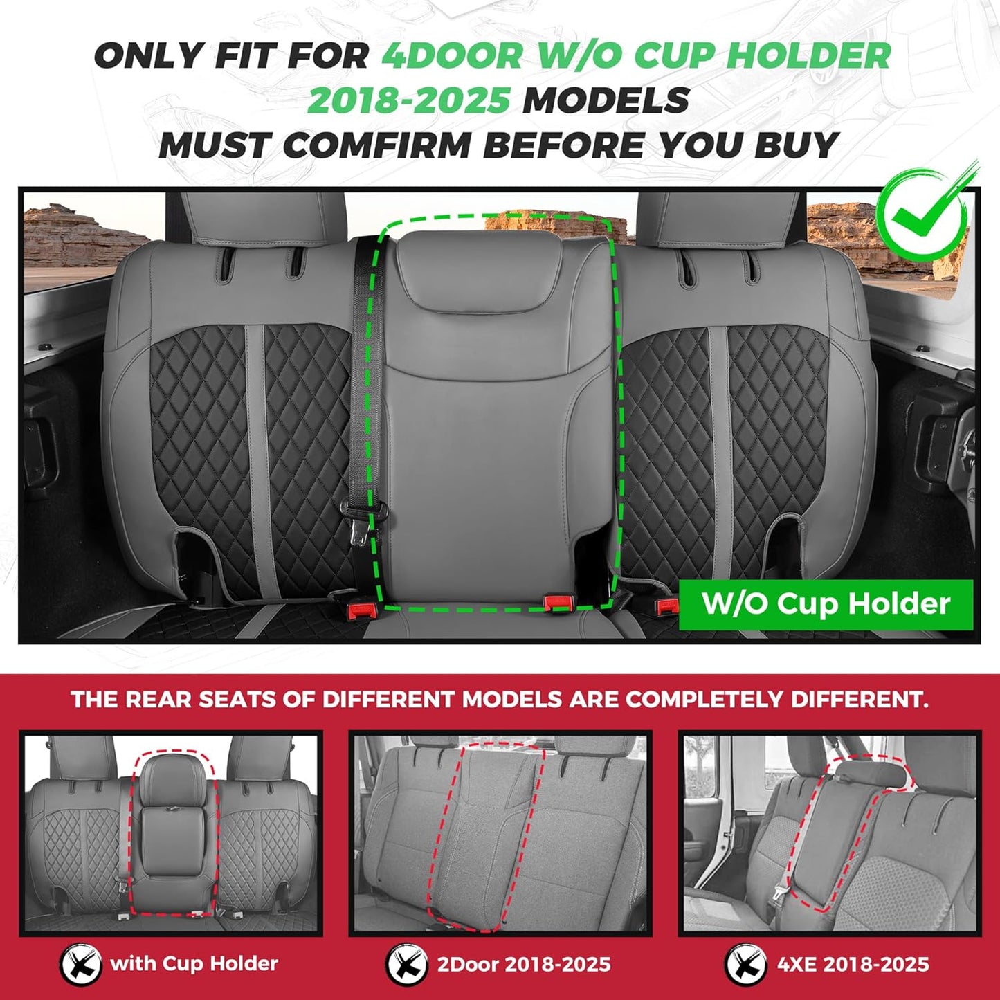 for Jeep Wrangler Seat Covers 4Door JL 2018 2019 2020 2021 2022 2023 2024 2025, Custom Fit Car Seat Cover Full Set, Luxury Waterproof Leather Seat Protectors, Gray Black, W/O Rear Cup Holder