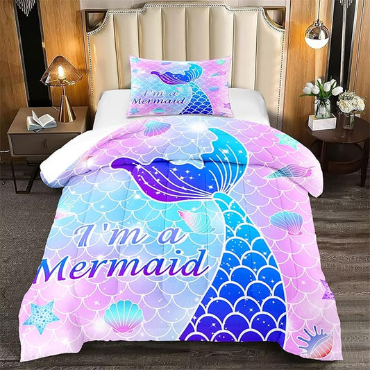 Twin Mermaid Bedding Set for Girls - Pink Comforter With Pillowcase, Soft Breathable Microfiber Skin Surface Scales Quilt, Ocean Life Bedroom Decor, 2Pcs