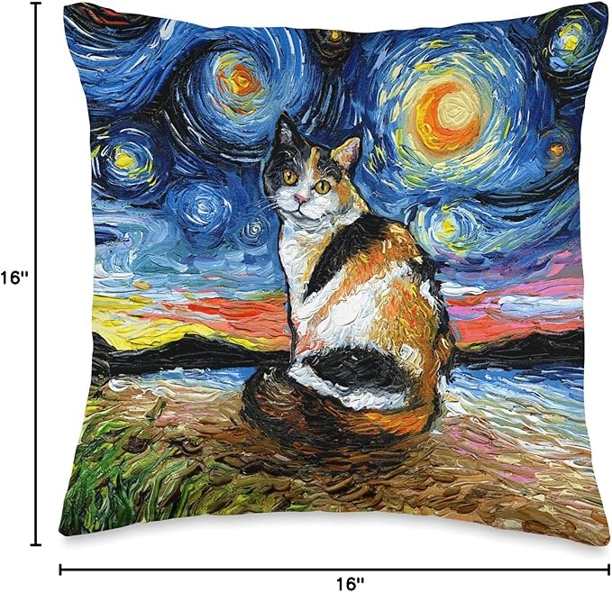 Calico Cat Starry Night Kitty and Moon Art by Aja Throw Pillow