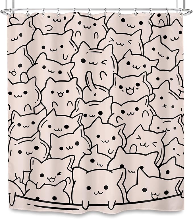SVBright Funny Cats Shower Curtain 60Wx72L Inch Cute Pink Cartoon Kitty Kitten Animal Simple Line Humor for Kids Girls Lovely 12 Pack Hooks Polyester Waterproof Fabric Bathroom Bathtub Panels