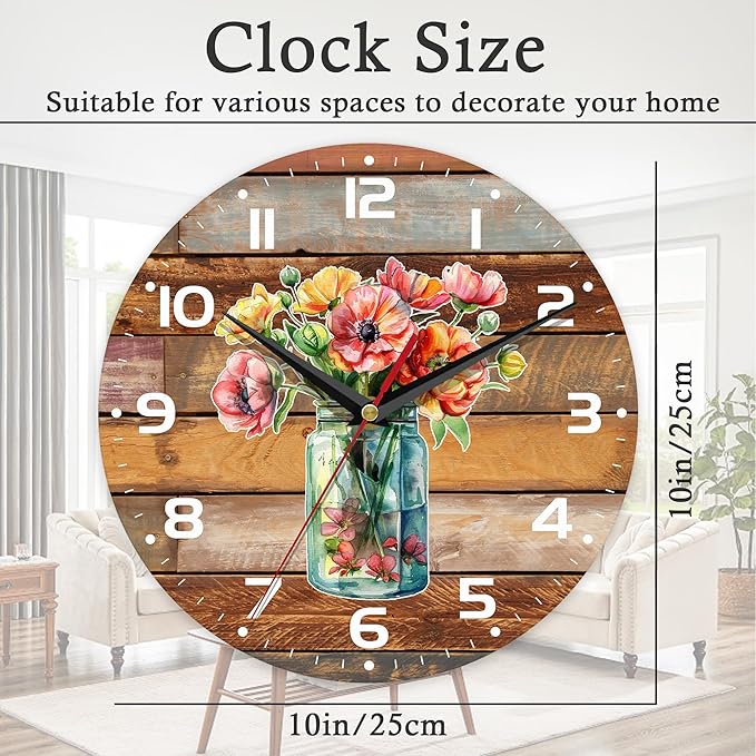 Wall Clock, 10 Inch Silent Non-Ticking Home Kitchen Decor, Battery Operated for Bathroom Bedroom Living Room Office(Flower Vase Wood)