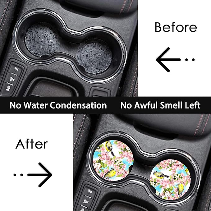 Spring Flowers Blossom and Birds Car Cup Holder Coasters, 2 Pack Cup Coasters Car Accessories Interior Aesthetic for Men Women, Absorbent Ceramic Coaster with Cork Back, Retro Car Decoration Gifts