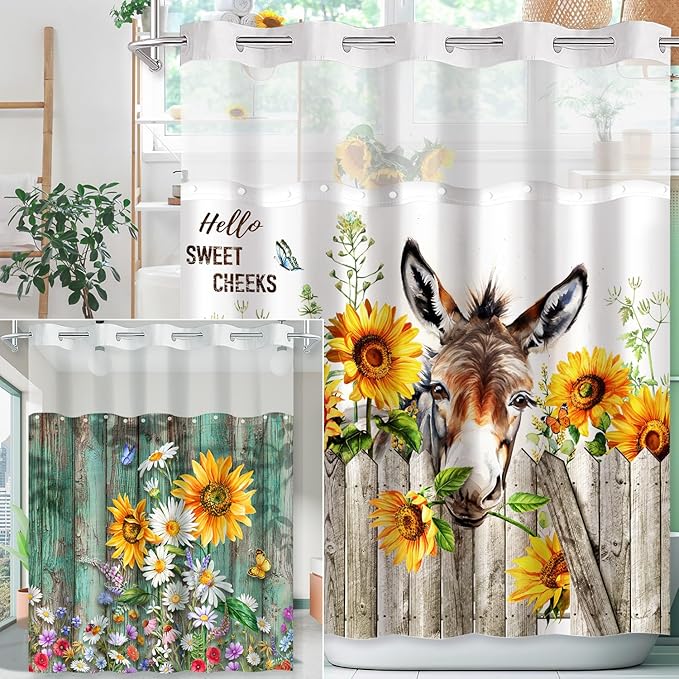 Vimorco No Hook Shower Curtain and Liner Set, 2 Interchangeable Patterns Shower Curtain with Snap (Sunflower Butterfly & Sunflower Donkey) Fabric Waterproof, 71x74 Inch, 2025 New