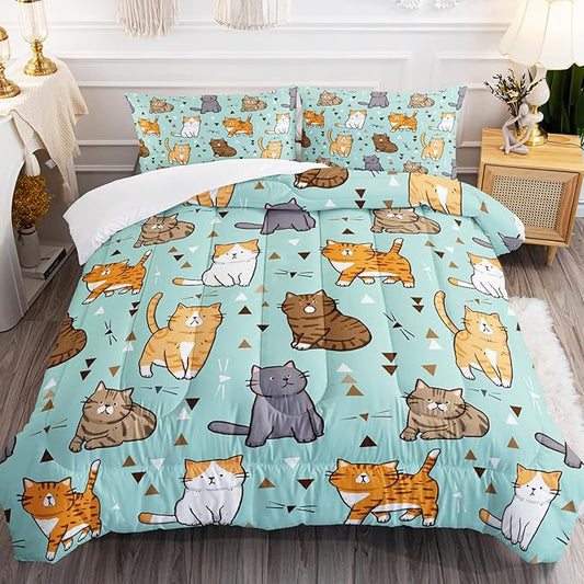BSNTHO Cat Comforter Set for Girls Boys Cat Lover Gifts Bedding for Kids Cute Kitten Pattern Bedding Set Full Size Bedroom Decor (1 Comforter + 2 Pillowcases) Soft Lightweight