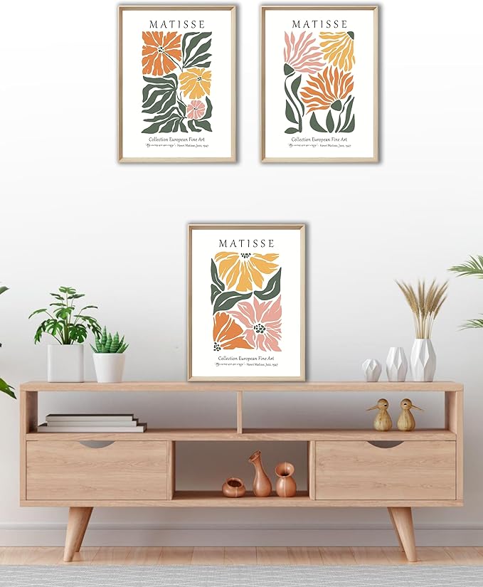 UPWOIGH Framed Canvas Wall Art, Matisse Flower Market Botanical Set of 3, 12"x16" Aesthetic for Living Room & Bedroom Decor