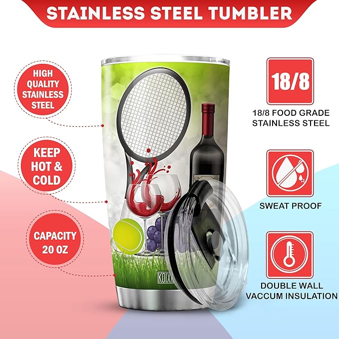 Tennis And Wine Stainless Steel Tumbler 20oz Funny Saying Coffee Cup With Lid Sport Enthusiast Tennis Lover Gift For Women Red Wine Themed Birthday Gifts Insulated Travel Mug