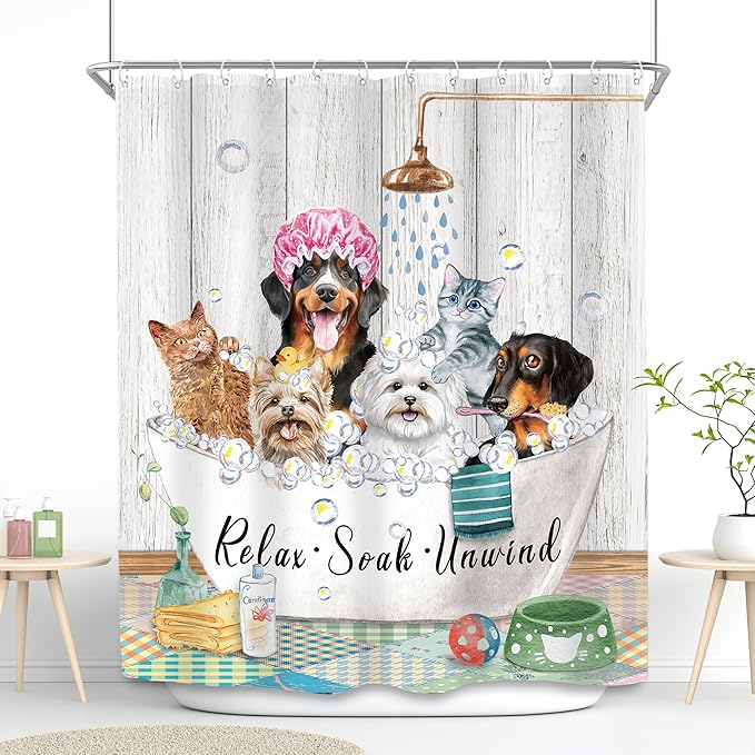 SVBright Funny Kids Shower Curtain 60Wx72L Inch Cute Dogs Cats Animal Taking a Bath in Bathtub Bubbles Farmhouse Hilarious Lovely Pets 12 Pack Hooks Polyester Waterproof Fabric Bathroom Bathtub Panels