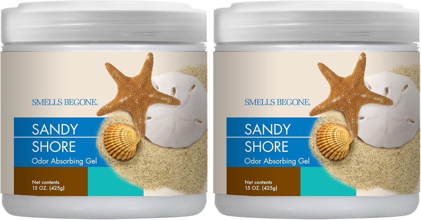 SMELLS BEGONE Air Freshener Odor Absorber Gel - 15 oz, Pack of 2 - Absorbs and Eliminates Odor in Pet Areas, Bathrooms, Cars, & Boats - Made with Essential Oils - Sandy Shore Scent