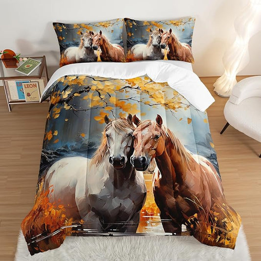 White Brown Horses Comforter Set Queen Size,Watercolor Painting Autumn Leaves Bedding Set for Kids and Adults Bedroom Horse Decor,Natural Scenery Aesthetics Comforter Set with 2 Pillowcases.
