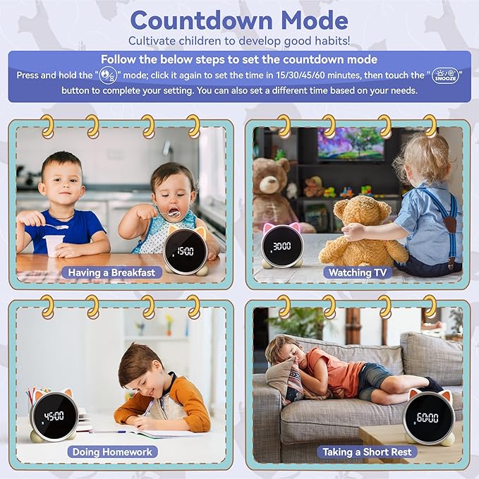 winshine Alarm Clock for Kids, OK to Wake Kids Alarm Clock, 5 Colors RGBW Night Light Dual Alarm Toddler Sleep Training Clock Stay-in-Bed Clock, Cute Clock Birthday Gift for Teen Boys Girls (Cat)…
