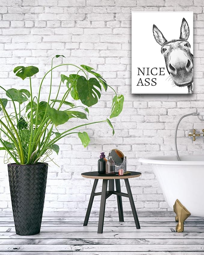 UPWOIGH Funny Bathroom Wall Art Decor, Black and White Donkey Wall Art, Waterproof Wood Framed Canvas Wall Art Animals Abstract Prints, 12x16in High-end Pictures for Dormitory Kids Room 1 Pack
