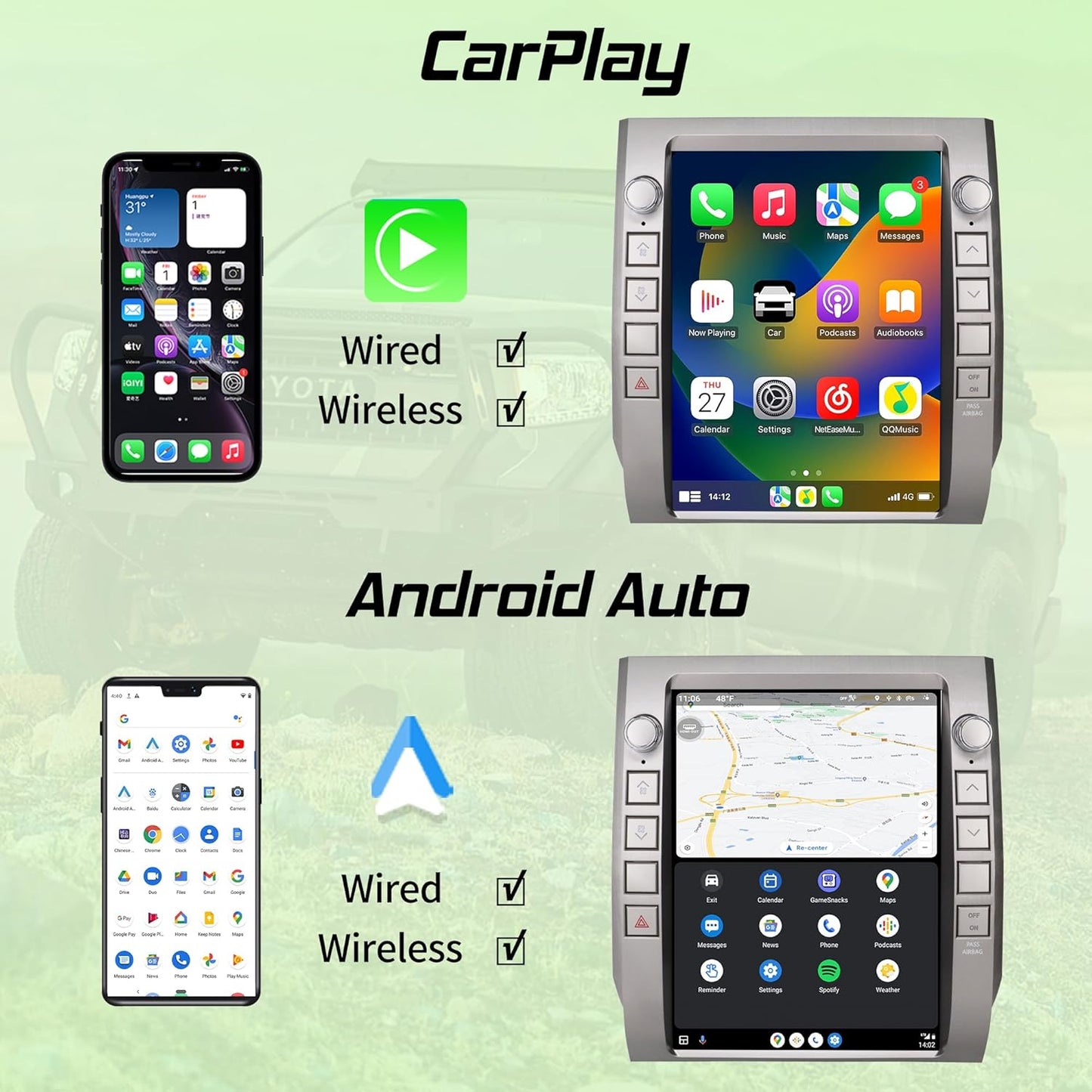 Android Car Radio Stereo for Toyota Tundra 2014-2020 with Wireless Carplay&Android Auto,12.1″ HD Touch Screen T-Style Head Unit 3+32G Car Multimedia Player Replacement WiFi,GPS,Bluetooth,SWC