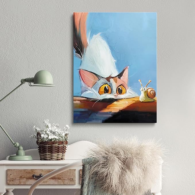 TimAsh Framed Funny Cat Wall Art Cat Staring at Snail Canvas Wall Decor Cartoon Cute Kitten Poster Painting Prints for Bedroom Bathroom Living Room 16'' x 12''