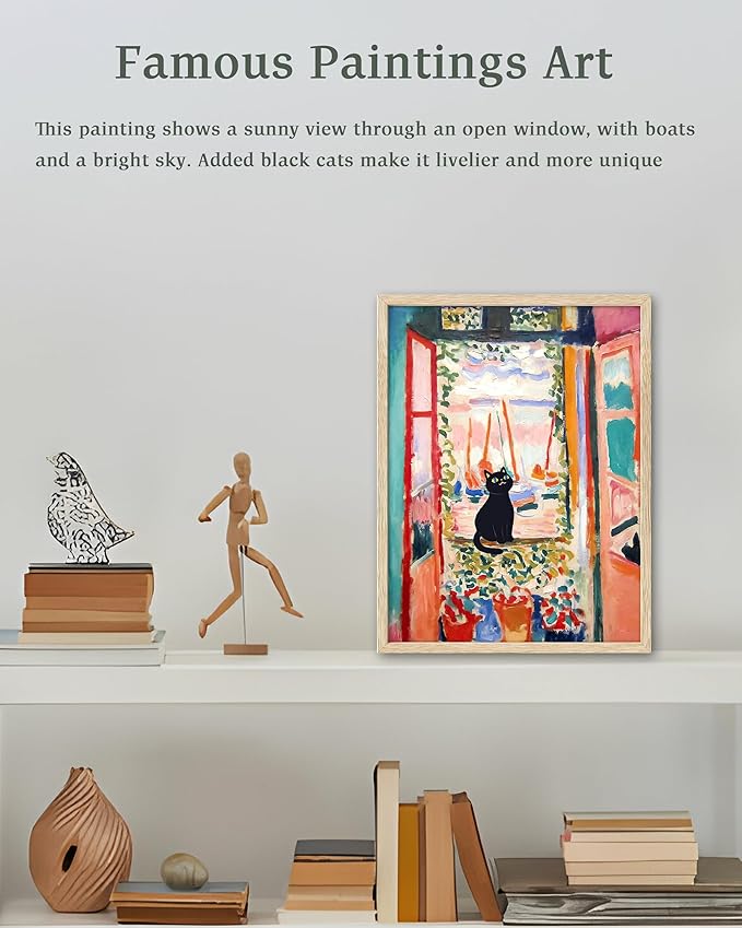 UPWOIGH Beige Oak Wood Framed Wall Art, 12"x16"Matisse The Open Window Cat Print, Cute Black Cat Picture, Henri Matisse Poster, Funny Animal Art for Bedroom Bathroom, 1Pack Gifts