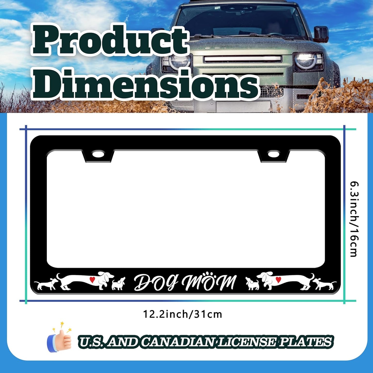 Dog Mom License Plate Frame Cute Animal License Plate Holder for Front or Rear Car Tags Stainless Steel Funny Car Decoration with Screws 6.3 X 12.2 in