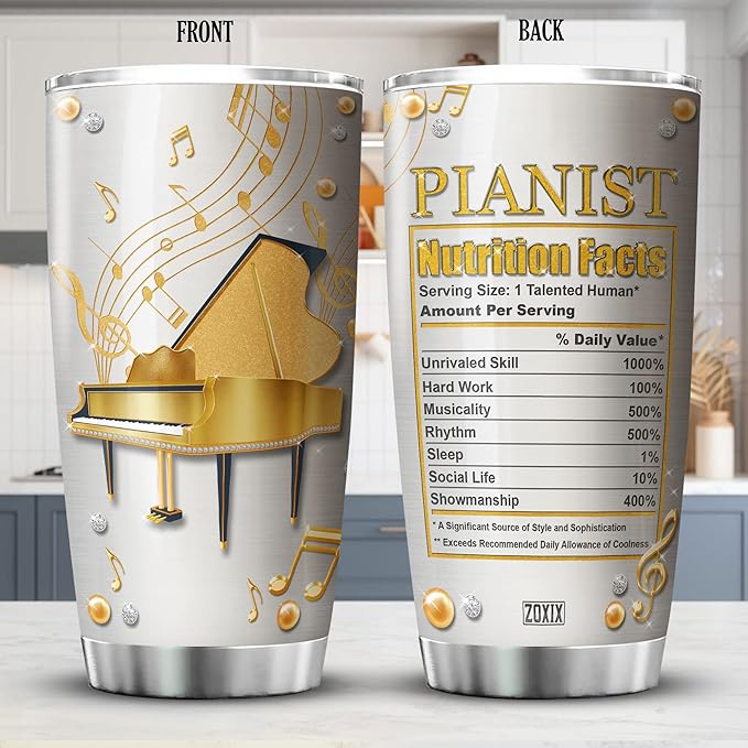 ZOXIX Funny Pianist Nutrition Facts Tumbler Jewelry Style Piano Lovers Gifts For Women Music Themed Coffee Mugs Stainless Steel Cups With 20oz Piano Teacher Mug Pianist Gift