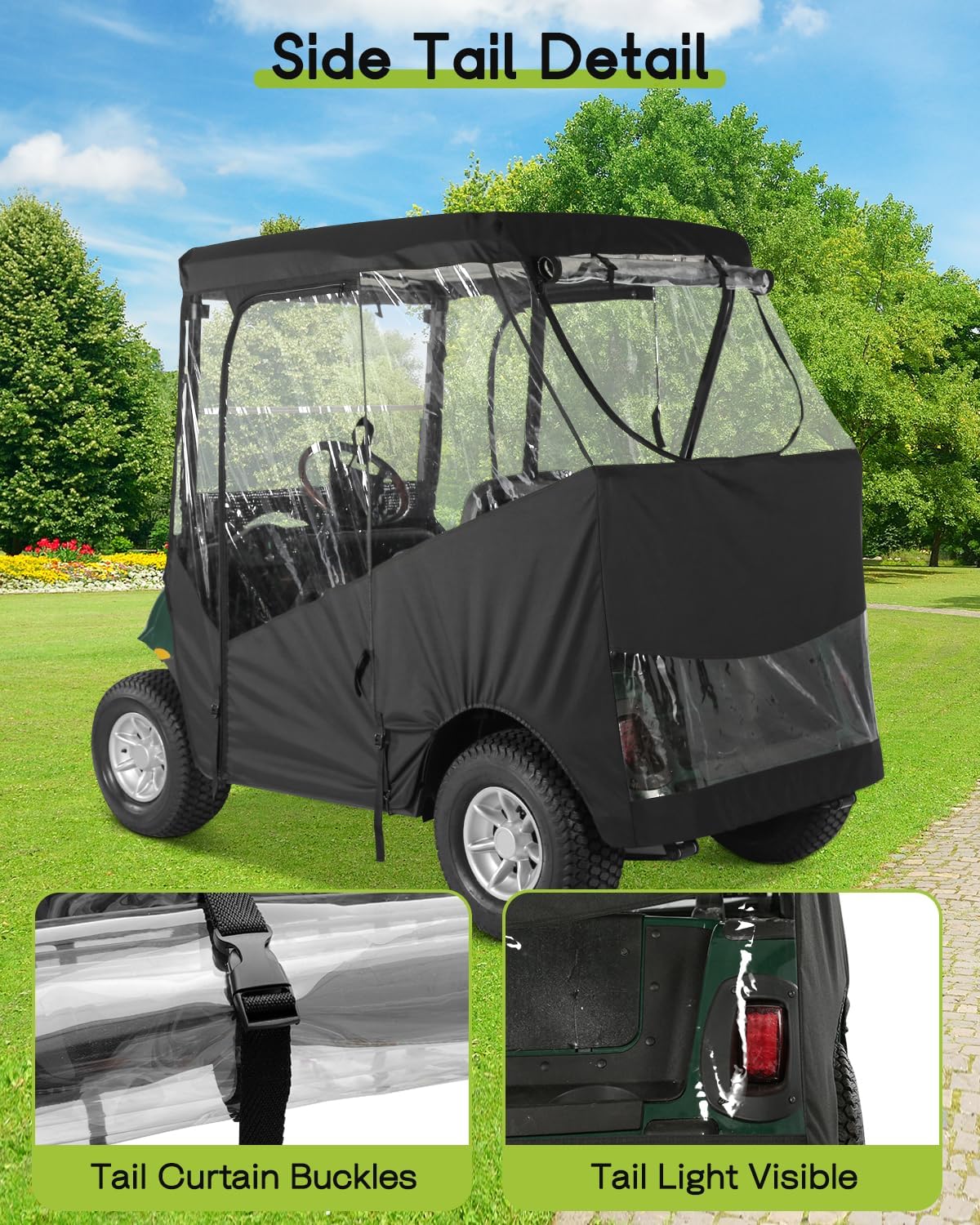 Golf Cart Enclosure 2 Passenger for EZGO TXT & RXV 2-Person Seaters Waterproof Transparent Driving Rain Enclosure Cover with 4-Sided Clear Windows Mirror Zipper Roll-Up Door Black