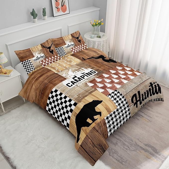 Camping Hunt Kids Comforter Bedding Set for Boys Girls,Bear Deer Silhouette Collage Wooden Pattern Comforter with 2 Pillowcases(Camping Hunt Full)