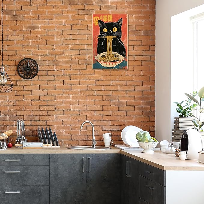 Vintage Cute Black Cat Eats Lamian Noodles Poster Prints Lamian Noodles Canvas Wall Art Cute Black Cat For Home Bedroom Kitchen Dorm Wall Decor 12x16in Wooden Frame