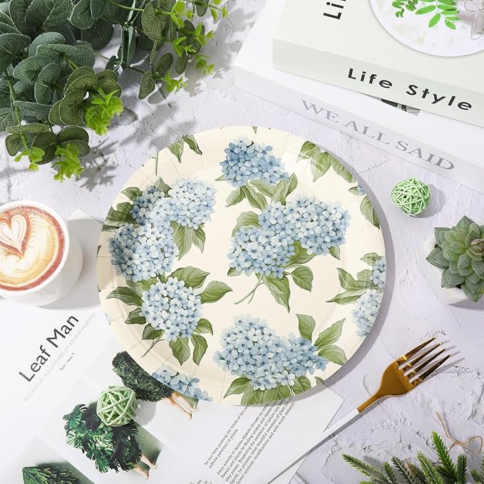 Whaline 40Pcs Hydrangea Plaid Paper Plate Blue And White Floral Disposable Dinner Plate Flower Checkered Tableware For Spring Party Supplies Table Decor, 9 In