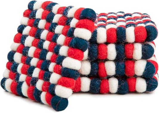 Square Felt Ball Coasters - 100% Merino Wool Table Coasters - Felt Coaster Pads, Absorbent Trivet for Drinks - Heat Resistant, Thick & Durable Hand Felted in Nepal by Woolygon- Multicolor - Set of 5