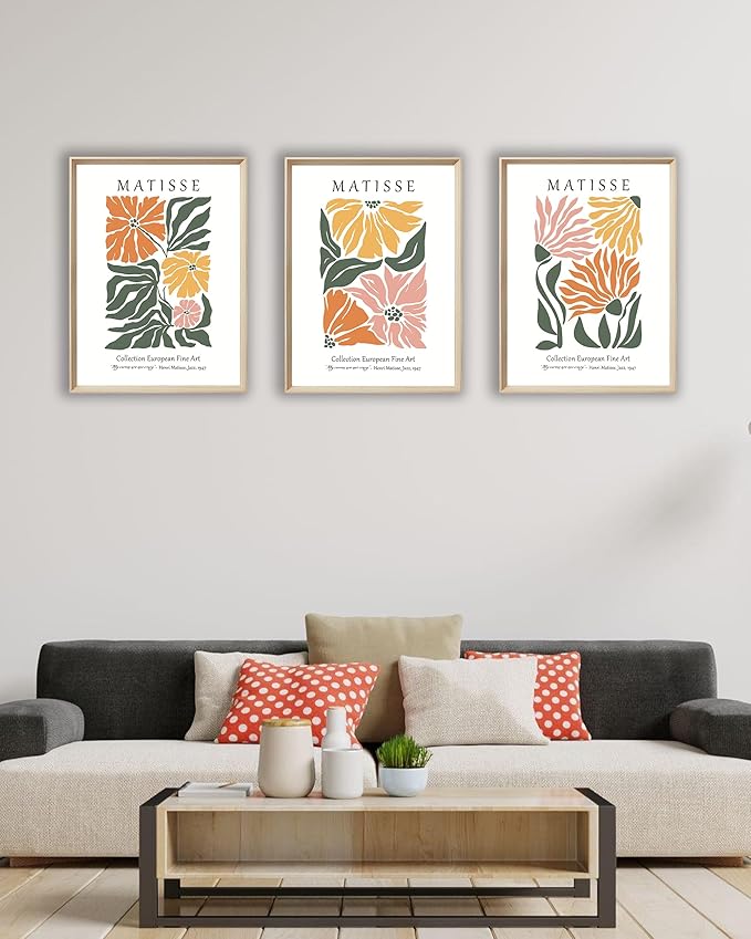 UPWOIGH Framed Canvas Wall Art, Matisse Flower Market Botanical Set of 3, 12"x16" Aesthetic for Living Room & Bedroom Decor