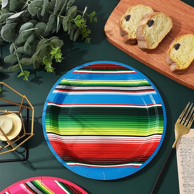 Whaline 40Pcs Mexican Fiesta Paper Plate Mexico Stripe Disposable Plate Cinco De Mayo Dinnerware Plates 9 Inch for Party Supplies Table Decor