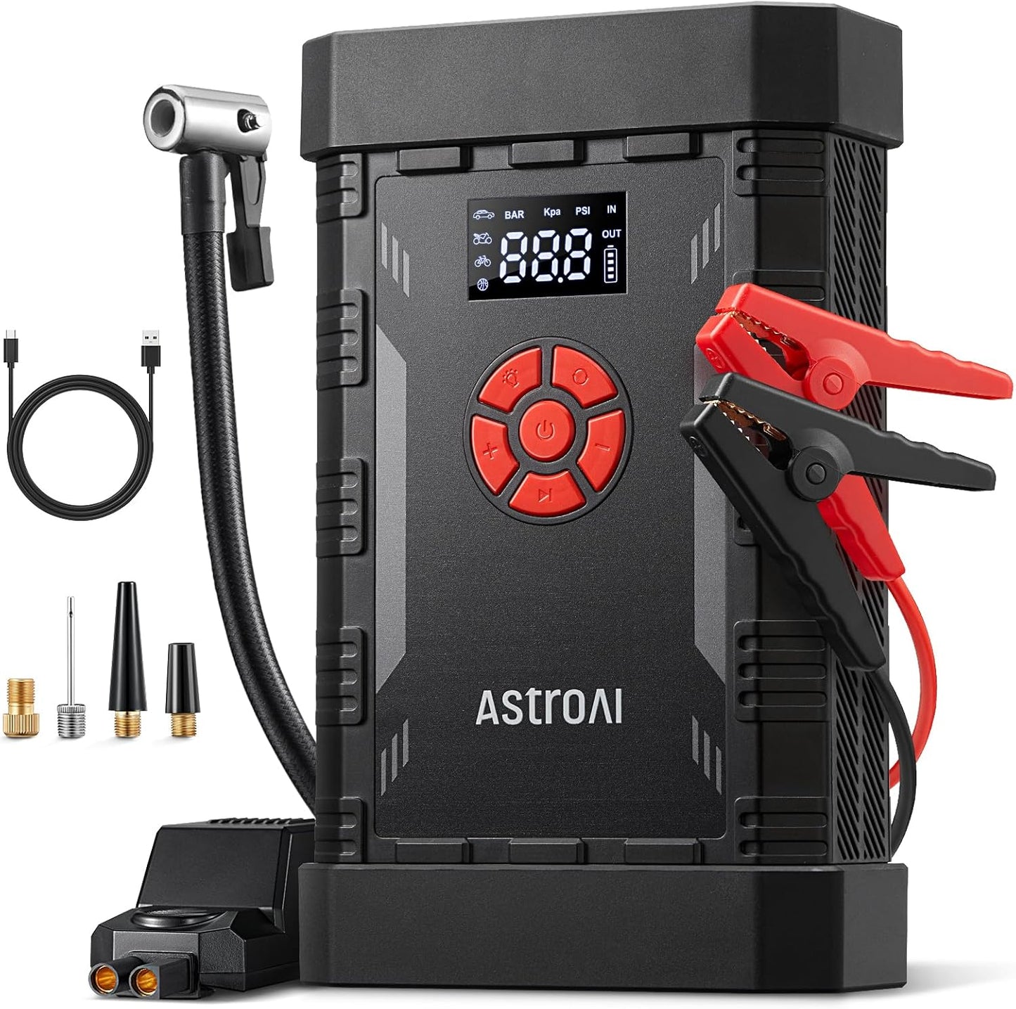 AstroAI A30 Jump Starter with Air Compressor, 4000A & 150PSI Portable Car Battery Jump Starter (10.0 Gas/8.0L Diesel) with Tire Inflator, 12V Battery Charger, 18W Quick Charge, Jumper Cables, Lights