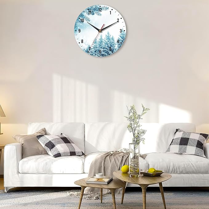 SPUNKER Snowflakes Clock for Bedroom,Winter Forest Wall Clocks for Living Room Decor,Snow Trees Kitchen Clocks Wall Battery Operated - 10 Inch Round Bathroom Wall Clock Silent Non-Ticking