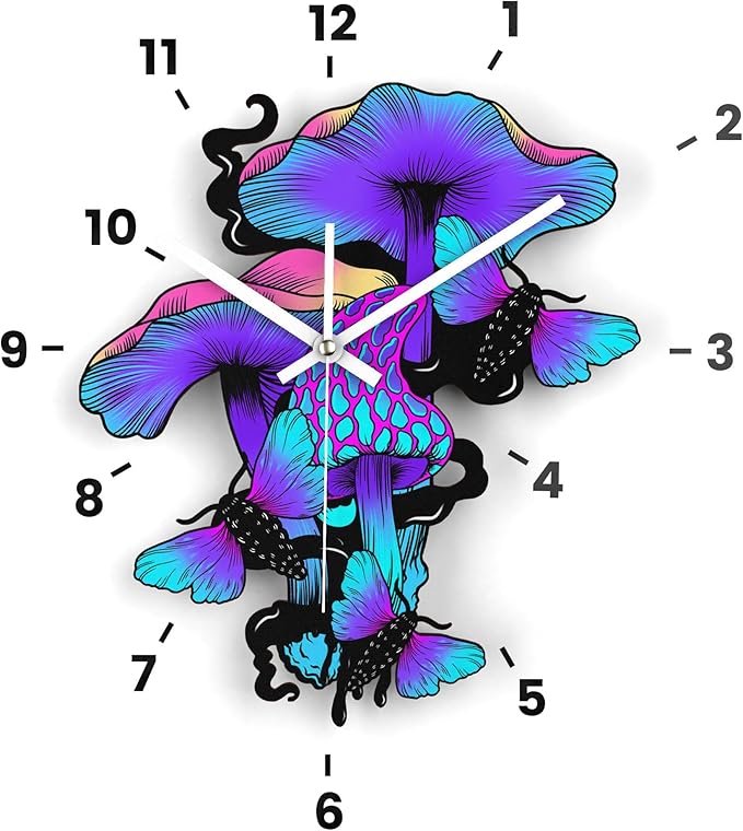 Wooden Wall Clock Trippy Mushrooms Non-Ticking Silent Battery Operated Home Decor DIY Numbers Cool Spooky Witchy House Warming Gift for Bedroom Girls Room Living Room Kitchen Halloween Fungi