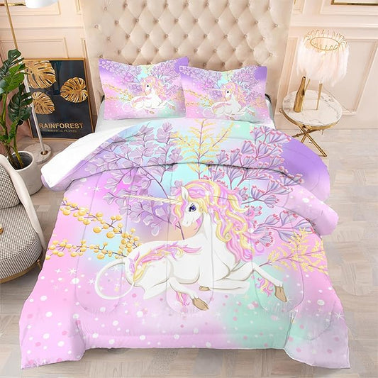 Unicorn Comforter Set Twin: Pink Purple Rainbow Unicorn Twin Bedding Sets for Girls Stars Cute Quilt Bed Set for Kids Teens Toddler Room Decor 1 Comforter & 1 Pillowcase