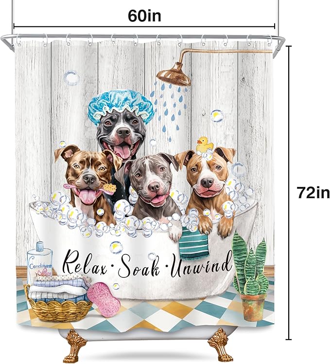 SVBright Funny Dog Shower Curtain 60Wx72L Inch Kids Cute Animals Farmhouse Puppy Shower Wooden Plank Bubbles Vintage Rustic 12 Pack Hooks Polyester Waterproof Fabric Bathroom Bathtub Panels