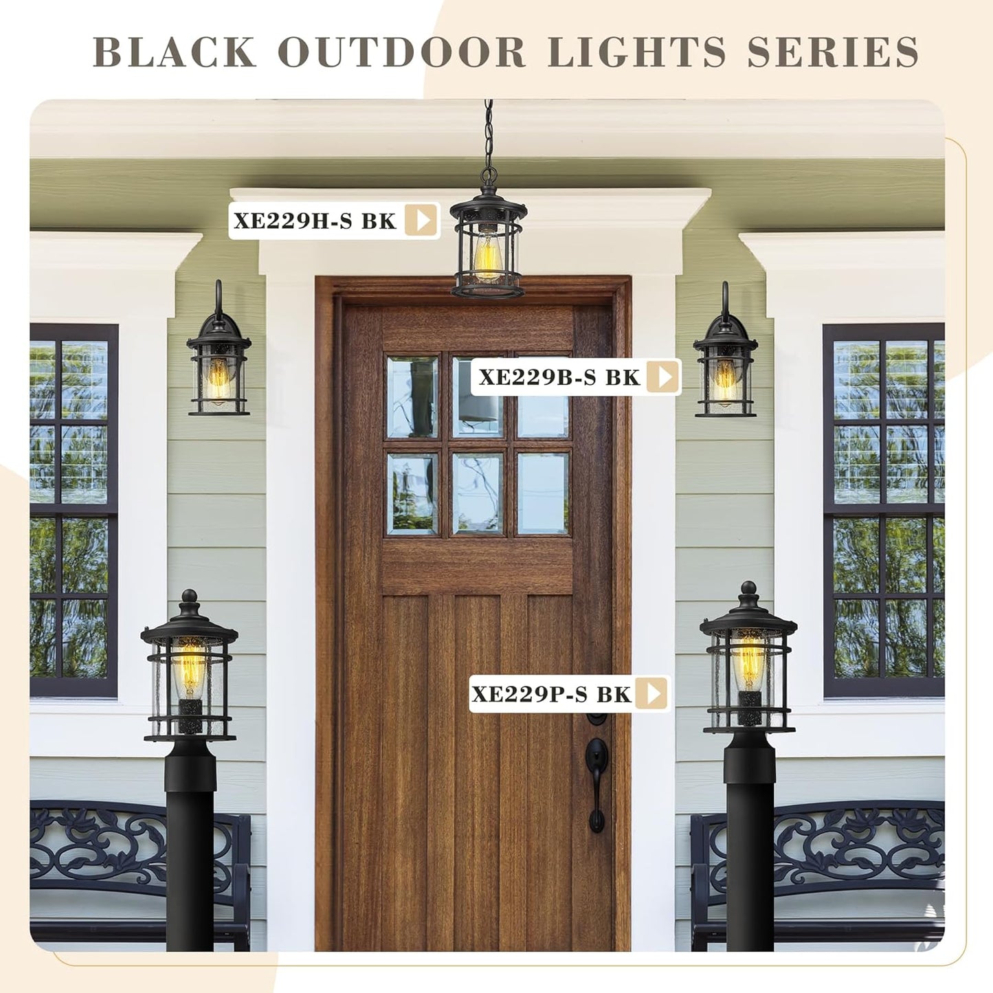 Emliviar Outdoor Wall Light Fixture - Modern Exterior Wall Sconce for House with Seeded Glass Shade, 12.5 Inch Height, Black Finish, XE229B-S BK