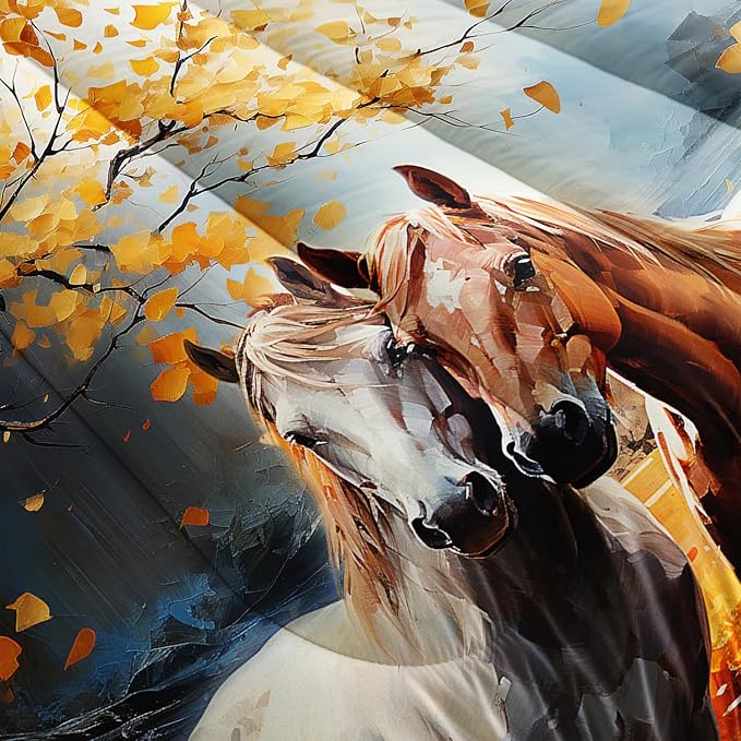 White Brown Horses Comforter Set Queen Size,Watercolor Painting Autumn Leaves Bedding Set for Kids and Adults Bedroom Horse Decor,Natural Scenery Aesthetics Comforter Set with 2 Pillowcases.